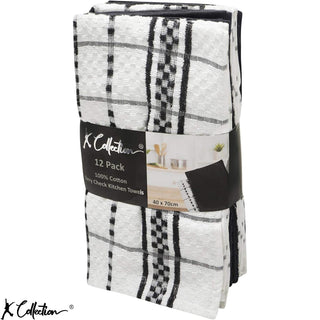 K Collection Black 12 Pack Check Kitchen Towels Set - 100% Ring Spun Cotton - Terry Check Design