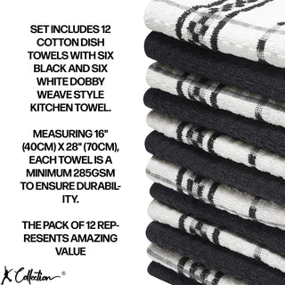 K Collection Black 12 Pack Check Kitchen Towels Set - 100% Ring Spun Cotton - Terry Check Design