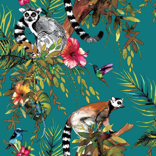 Holden Decor Lemur & Exotic Animals Teal Multi Wallpaper 12402 – Exotic Jungle Design – 10m Roll