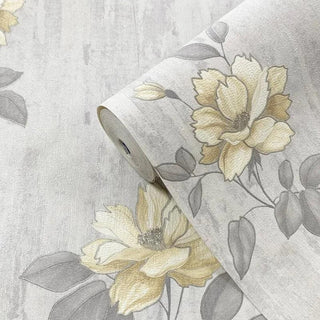 Muriva Darcy Oleana Floral Ochre & Grey Wallpaper 703071 10m Roll Botanical