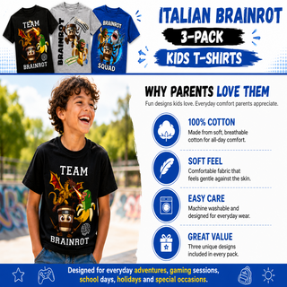 Gamer Brainrot Pack of 3 T-Shirts | Kids Brainrot Tee Shirt Set | Cappuccino Assassino, Chimpanzini Bananini & Brainrot Squad | 100% Cotton | Boys 5-12 Years
