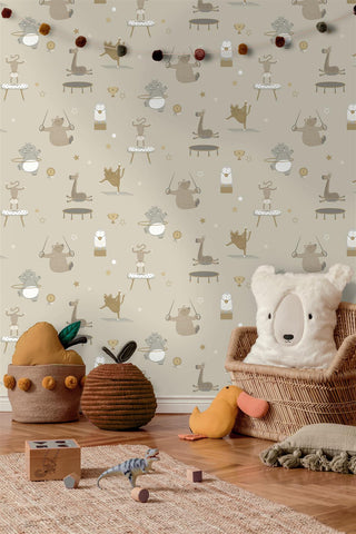 Holden Decor Animal Gymnastic Beige Wallpaper 13240 – Fun Animal Design – 10m Roll
