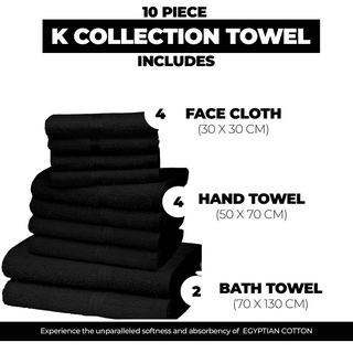K Collection 10 Piece Egyptian Cotton Towel Set - 100% Cotton -  4 x Face, 4 x Face & 2 x Bath - Black Design