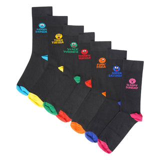 Kids 7 Pack Mood of the Week Novelty Socks - Black with Assorted Heel and Toes