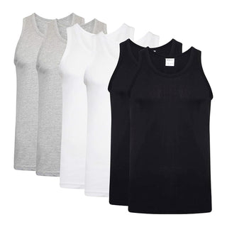 Keanu Mens 6 Pack Fitted Vest  - Black/Grey/White Designs - 100% Cotton