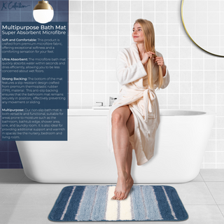 K Collection Multipurpose Microfibre Bath Mat – Super Absorbent Non-Slip Mat - Extra Soft Thick Floor Foot Mat, Fluffy Shaggy Shower Bathroom Mat - Blue