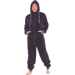 Keanu Mens Thick Snuggle Hooded Onesie - Contrast Trim Design - 100% Fleece Polyester - Adults