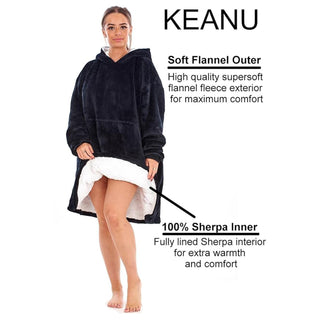 Keanu Unisex Fleece Oversized Hoodie - Plain Navy Design - Super Soft Sherpa