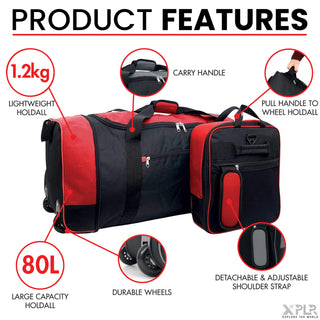 XPLR Foldaway Red Holdall with Wheels – Lightweight 80L Travel Bag with Durable Wheels, Pull Handle & Shoulder Strap – Foldable Luggage for Gym, Hiking, Camping, Holidays & Travel – Grey, Red & Blue – Compact & Spacious