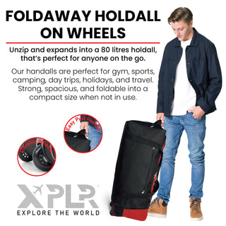 XPLR Foldaway Red Holdall with Wheels – Lightweight 80L Travel Bag with Durable Wheels, Pull Handle & Shoulder Strap – Foldable Luggage for Gym, Hiking, Camping, Holidays & Travel – Grey, Red & Blue – Compact & Spacious
