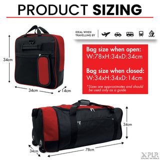 XPLR Foldaway Red Holdall with Wheels – Lightweight 80L Travel Bag with Durable Wheels, Pull Handle & Shoulder Strap – Foldable Luggage for Gym, Hiking, Camping, Holidays & Travel – Grey, Red & Blue – Compact & Spacious