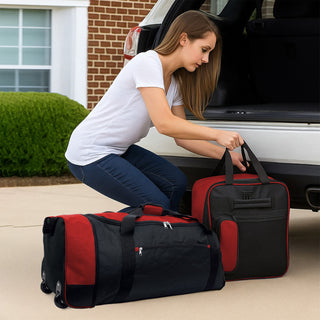 XPLR Foldaway Red Holdall with Wheels – Lightweight 80L Travel Bag with Durable Wheels, Pull Handle & Shoulder Strap – Foldable Luggage for Gym, Hiking, Camping, Holidays & Travel – Grey, Red & Blue – Compact & Spacious