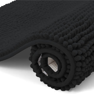 K Collection Luxury Chenille Bath Mat, Extra Soft and Absorbent Shaggy - Non Slip Machine Washable Bathroom Mats – Black - Available in 3 Sizes