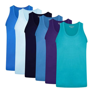 Keanu Mens 6 Pack Fitted Vest  - Blue Mix Designs - 100% Cotton
