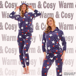 Keanu Ladies Fleece Pyjamas - White and Red Star Design - Pull Over Hoodie