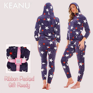 Keanu Ladies Fleece Pyjamas - White and Red Star Design - Pull Over Hoodie