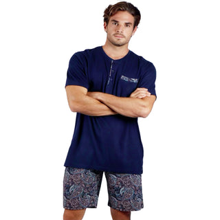 Keanu Mens Henley Short Pyjama - Blue Design - Cotton Blend