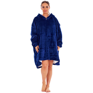 Keanu Unisex Fleece Oversized Hoodie - Plain Navy Design - Super Soft Sherpa