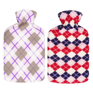 K Collection 2 x Hot Water Bottles With Removable Cover - 2L Capacity - Red & Purple Diamonds Design