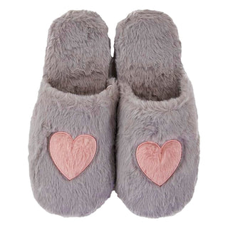 Keanu Ladies Memory Foam Slippers - Pink Heart Fur and Grey Design - Slip On Mule