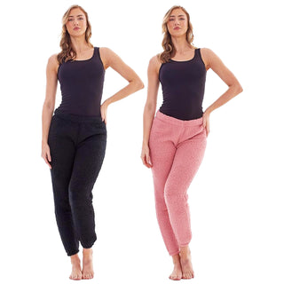Keanu Ladies 2 Pack Borg Lounge Pants - Black/Pink Design - Borg Fabric
