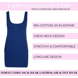Keanu Ladies 2 Pack Longline Vest - Cotton Blend - Available in White, Black, Light and Dark Assorted Colours