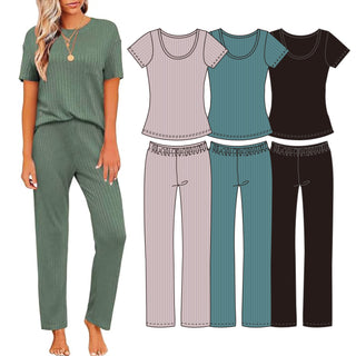 Keanu Ladies Ribbed Lounge Set - Beige, Green & Black Design - Viscose Blend