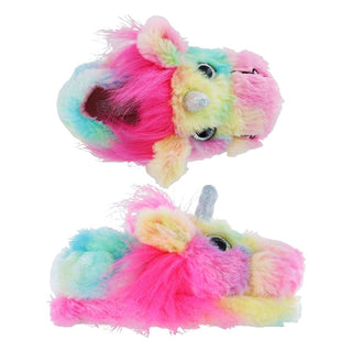 K Collection Girls Slippers - 3D Rainbow Unicorn Plush Design