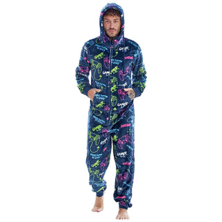 Gamer Mens Hooded Onesie - Game Over/Controller Design - 100% Fleece Polyester - Adults