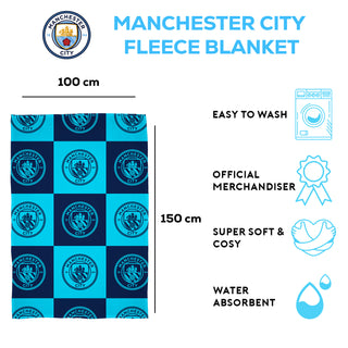 Manchester City Fleece Blanket - Checkered Design - 100% Polyester - 100 x 150cm