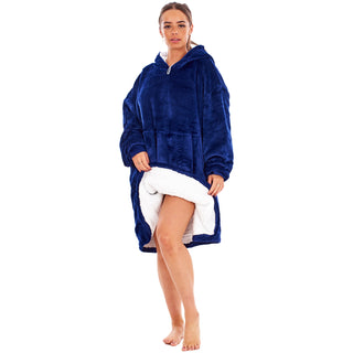 Keanu Unisex Fleece Oversized Hoodie - Plain Navy Design - Super Soft Sherpa