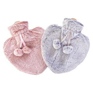 K Collection Pack of 2 Hot Water Bottles - 1L Capacity - Heart Shaped Faux Fur Covers - Pink and Grey