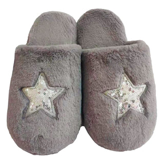 Keanu Ladies Memory Foam Slippers - Grey Star Sequin Design - Slip On Mule