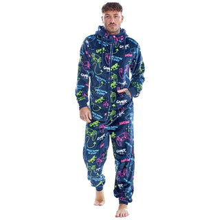 Gamer Mens Hooded Onesie - Game Over/Controller Design - 100% Fleece Polyester - Adults