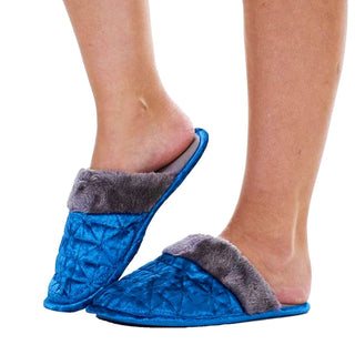 Keanu Ladies Crushed Velvet Slippers - Blue Design - Slip On Mule