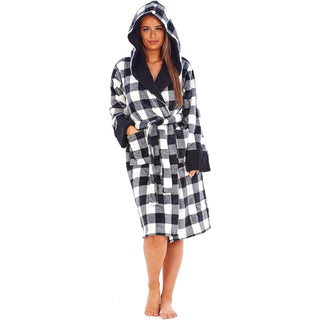 Keanu Ladies Sherpa Fleece Gowns - Buffalo Check Design Design - White/Black