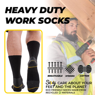 Mens 12 Pack Heavy Duty Work Socks, Safety/Steel Toe Boot Socks - Black