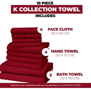 K Collection 10 Piece Egyptian Cotton Towel Set - 100% Cotton -  4 x Face, 4 x Face & 2 x Bath - Red Design