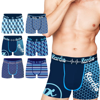 Kardio Mens 6 Pack Performance Boxer Trunks - Blue Mix Design - 95% Cotton, 5% Elastane