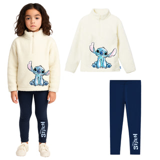 Stitch Girls Loungewear Set - Half Zip Borg Fleece Sweatshirt & Leggings - 2 to 10 Years