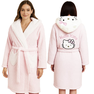Hello Kitty Women’s Fleece Borg Dressing Gown – Soft Hooded Robe with 3D Ears & Embroidered Design - Sizes 2XS–2XL