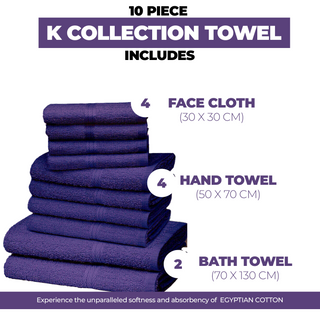 K Collection 10 Piece Egyptian Cotton Towel Set - 100% Cotton -  4 x Face, 4 x Face & 2 x Bath - Purple Design