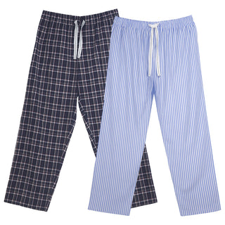 Keanu Mens 2 Pack Woven Pyjama Bottoms - Checked and Vertical Stripes Design - Cotton Blend