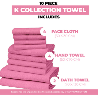 K Collection 10 Piece Egyptian Cotton Towel Set - 100% Cotton -  4 x Face, 4 x Face & 2 x Bath - Pink Design