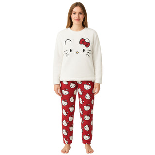 Hello Kitty Women’s Fleece Pyjama Set – 2 Piece Cosy Loungewear with Embroidered Top & Cuffed Bottoms – Sizes 4–6 to 20–22