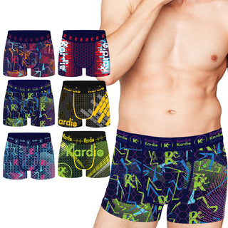 Kardio Mens 6 Pack Performance Boxer Trunks - Geometric Neon Tech Design - 95% Cotton, 5% Elastane