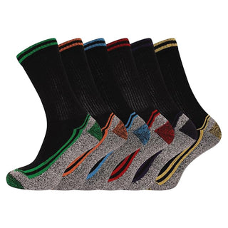 Mens 6 Pack Bamboo Work Socks, Breathable, Heavy Duty Cotton Socks for Steel Toe Boots - Black Socks with Assorted Colour Trims