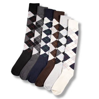 Mens 6 Pack Knee High Long Hose Argyle Socks - Assorted Colours (Greys, Brown and Creams)