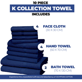 K Collection 10 Piece Egyptian Cotton Towel Set - 100% Cotton -  4 x Face, 4 x Face & 2 x Bath - Navy Design