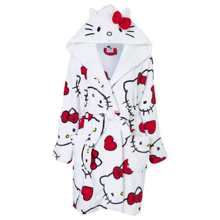 Hello Kitty Women’s Fleece Robe with 3D Ears and Bow – Long Sleeve, Tie Belt, Longline Cut, All-Over Hello Kitty Print - Sizes XS to XL